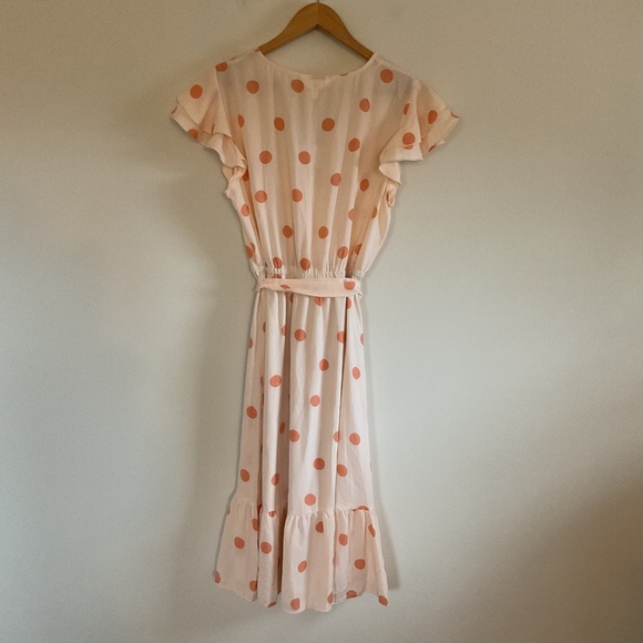 Lauren Conrad Faux Wrap Midi Dress Sz L Peach Orange Polka Dot Flutter Sleeve - Picture 4 of 11